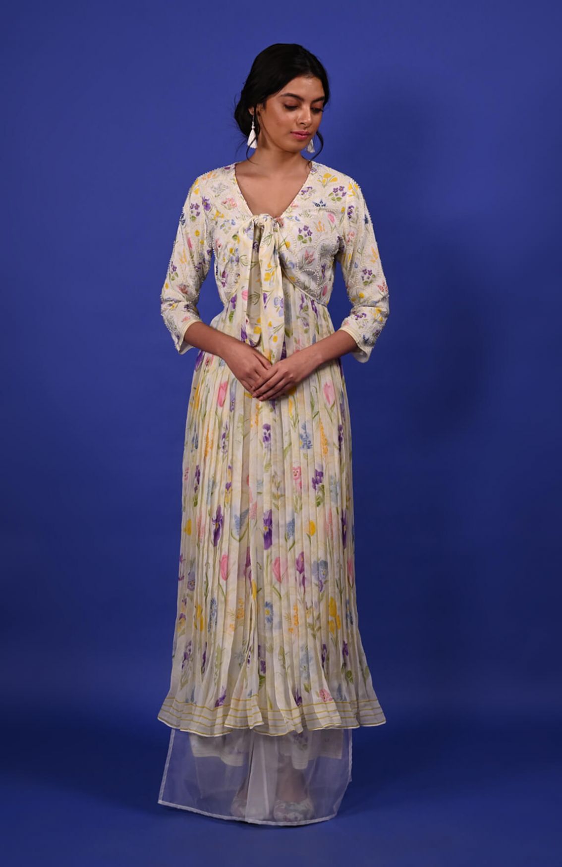 Printed Embroidered Front Open Pleated Kurta 