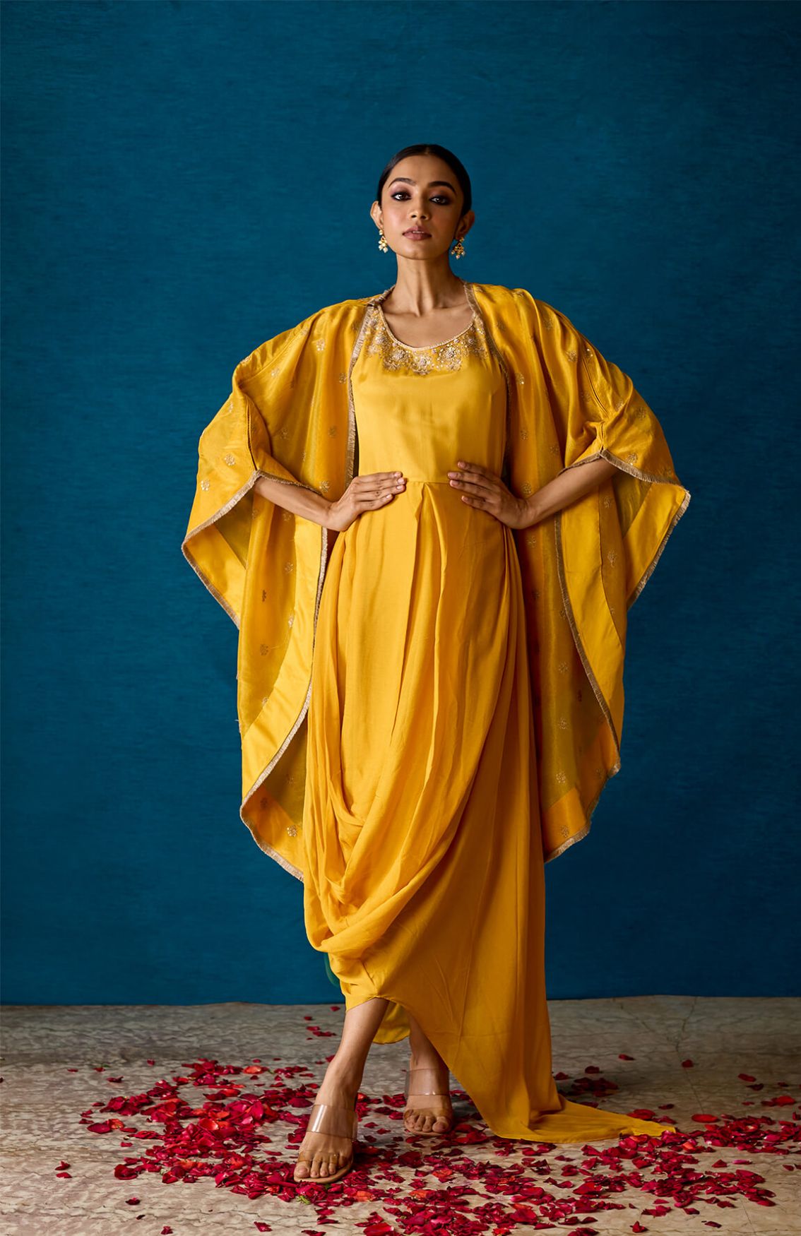 Aliza - Mustard Yellow Draped Dress & Cape 