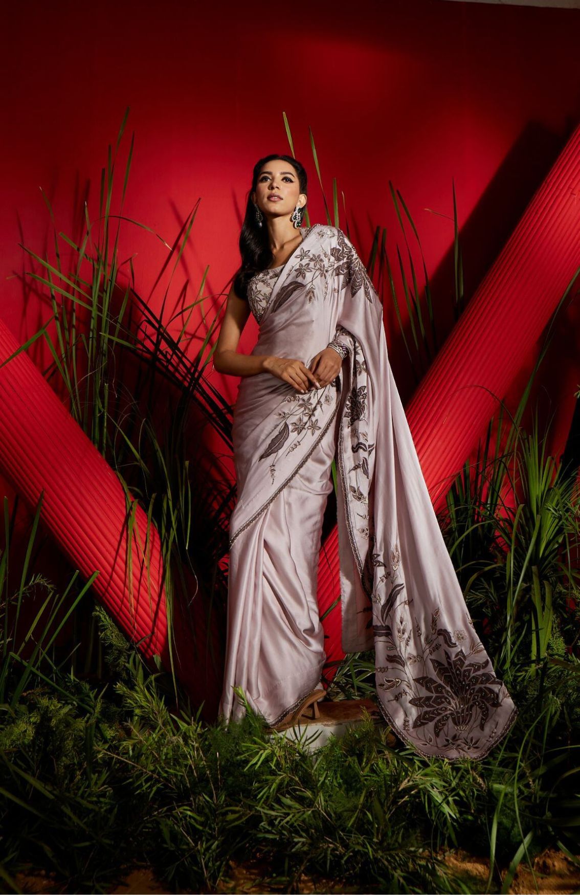 Mauve Silk Satin Embroidered Saree Set