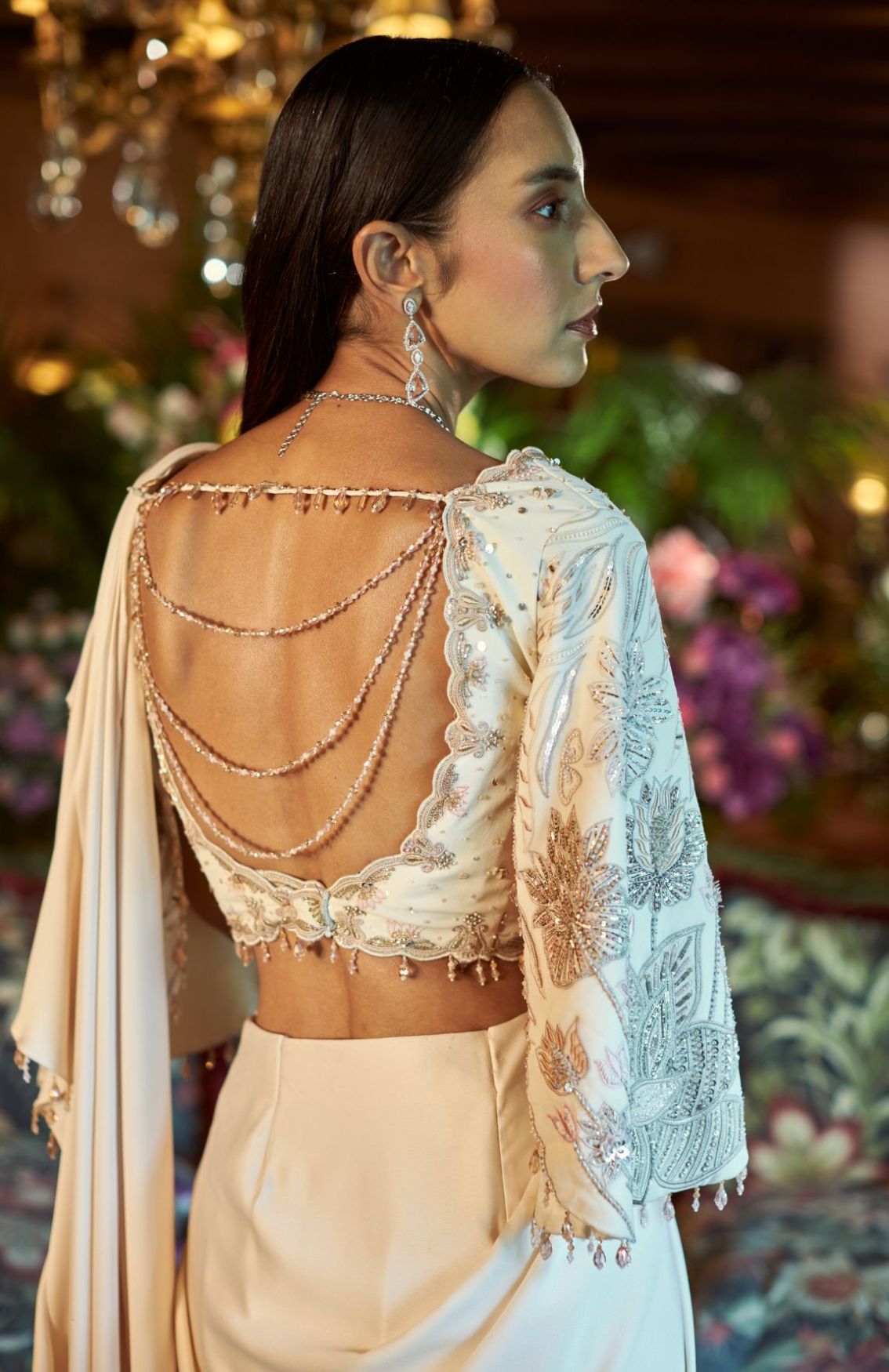 Ivory Satin & Georgette Embroidered Drape Saree Set 
