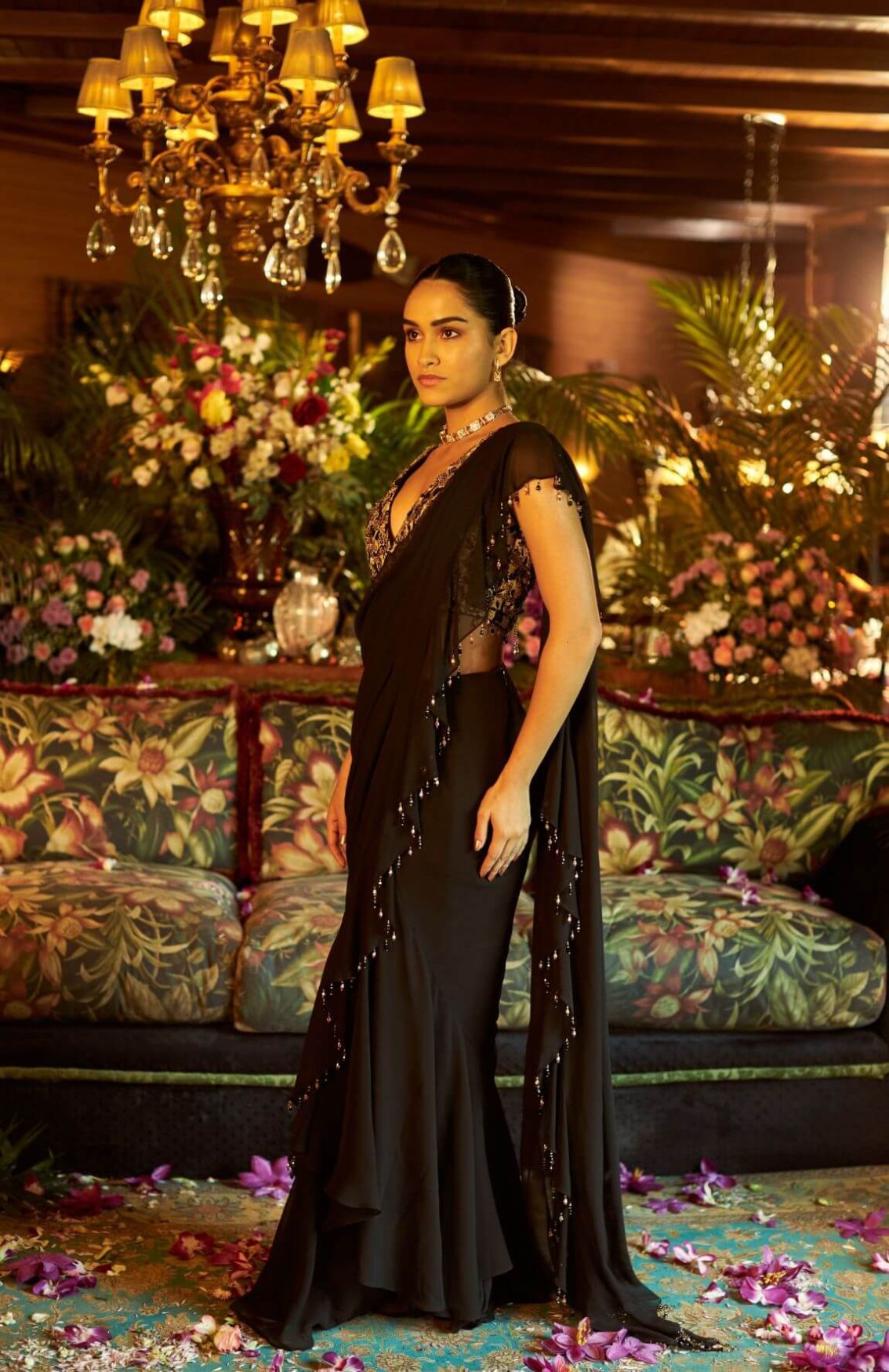 Black Georgette Embroidered Drape Saree Set 