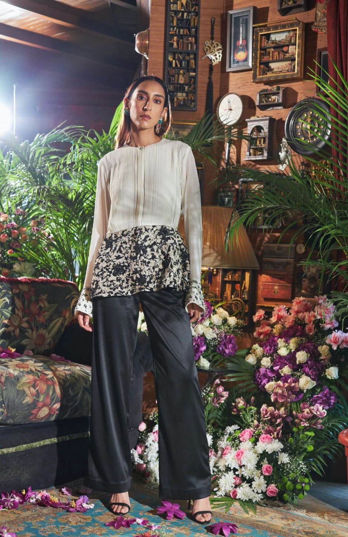 Black & White Pleated Shirt Embroidered Pant Set 