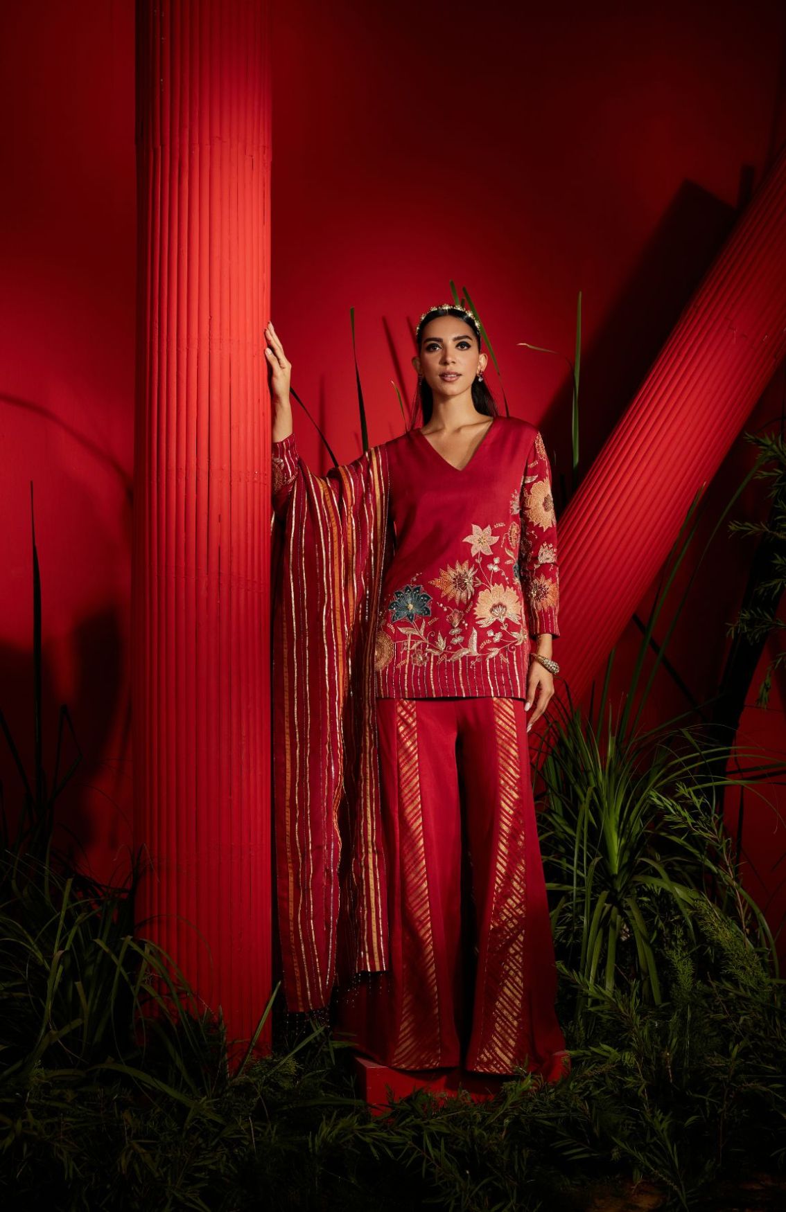 Deep Red Embroidered Kurti & Sharara Georgette Set