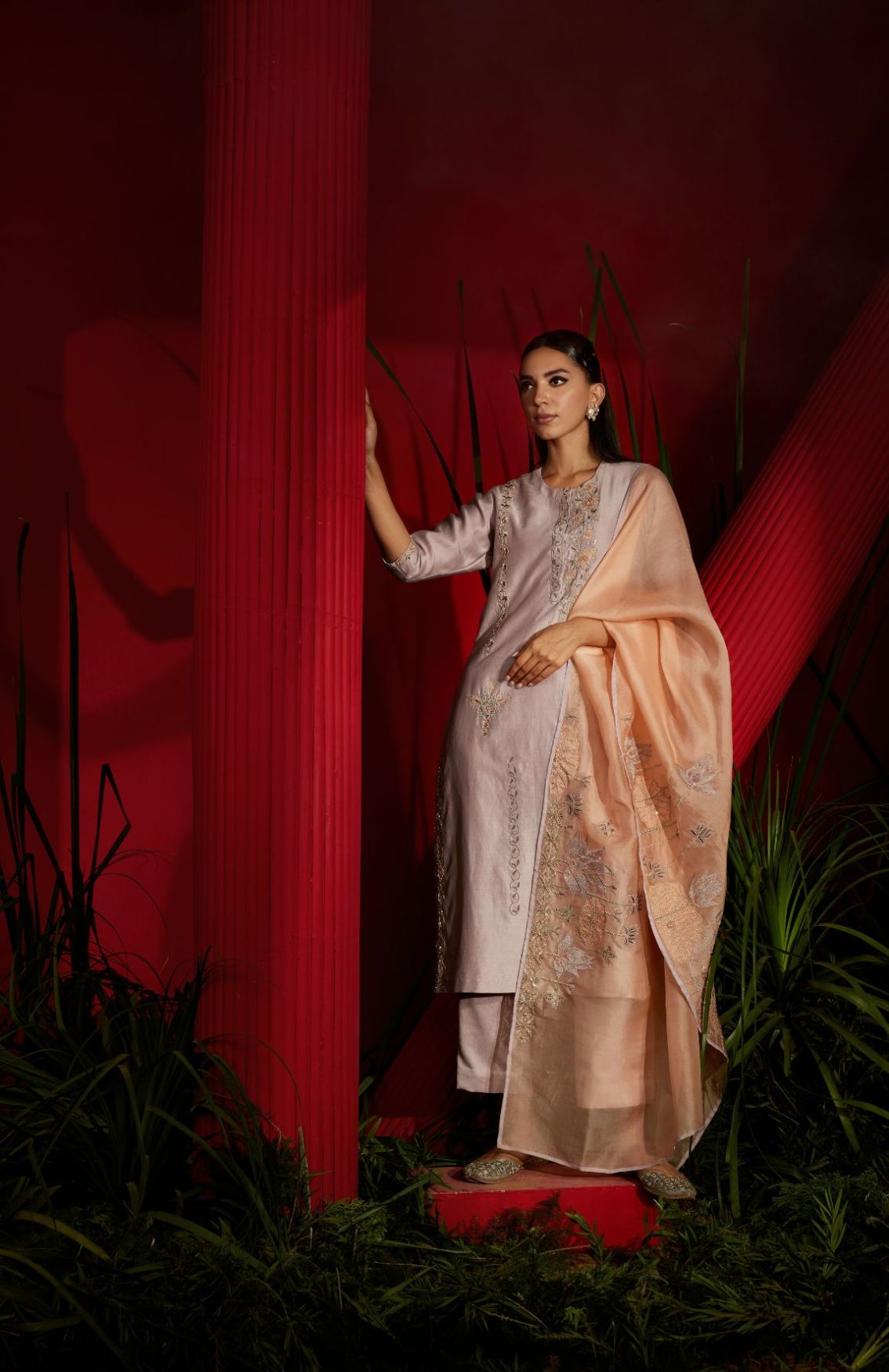 Mauve Silk Chanderi Embroidered Suit Set