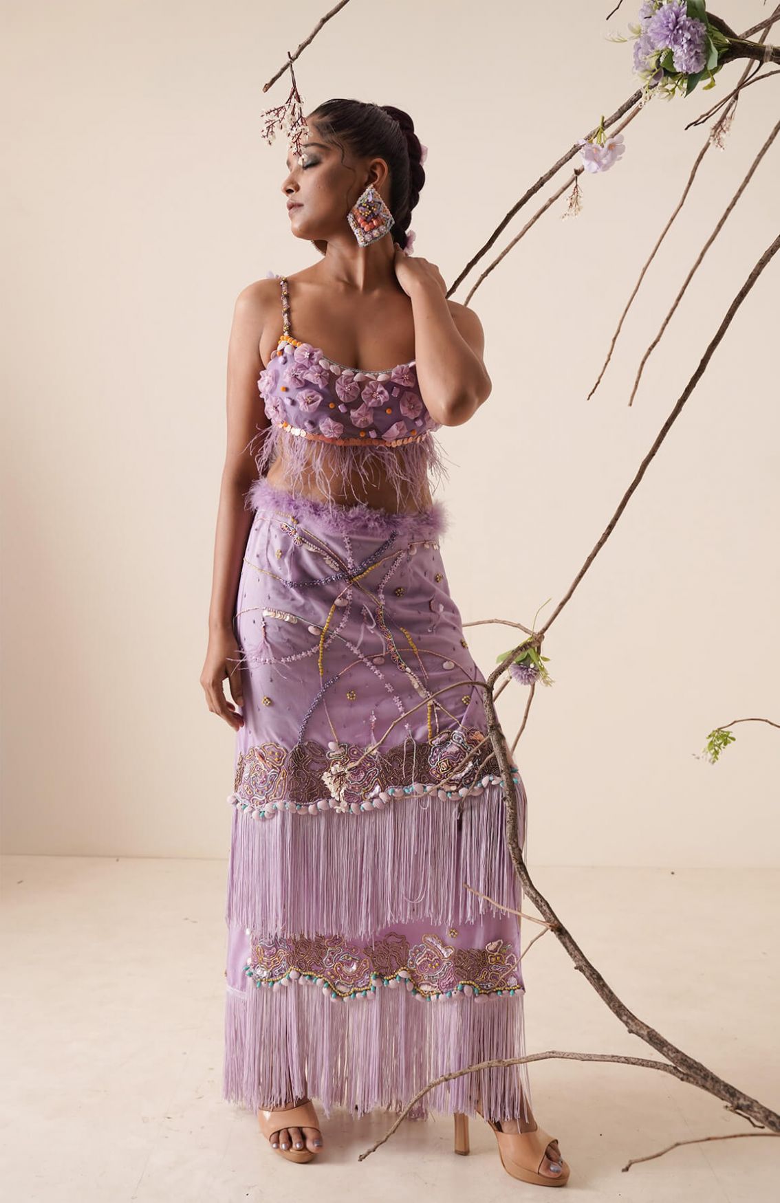 Lavender Skirt Top With Feather Embroidery Detail