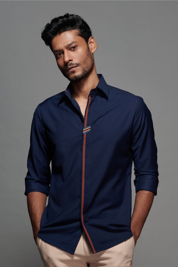 Classic Navy Shirt With Contrast Rust Placket