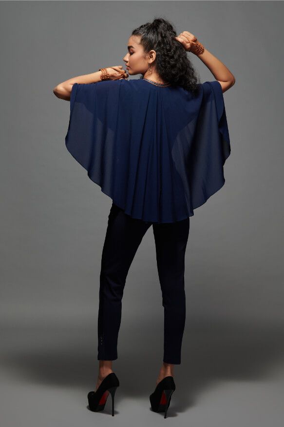 Navy Shirt With Exaggerated Cape Sleeve