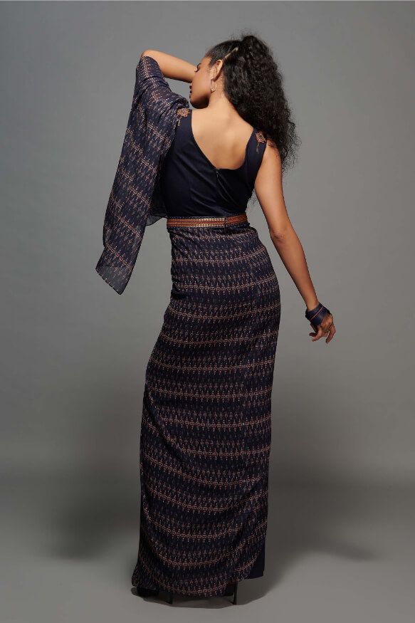 Midnight Tribal Print Saree Gown