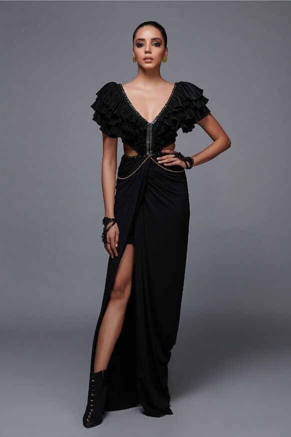 Black Flounced Gown with Slit