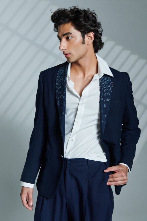 Navy Jacket With Printed Lapel