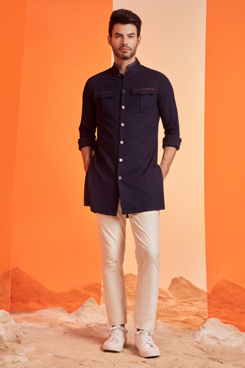 Navy Shirt Kurta With Contrast Embroidered Tape