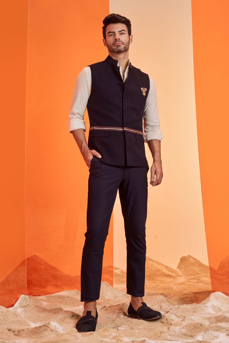 Navy Waistcoat with Faux Leather Belt Detail