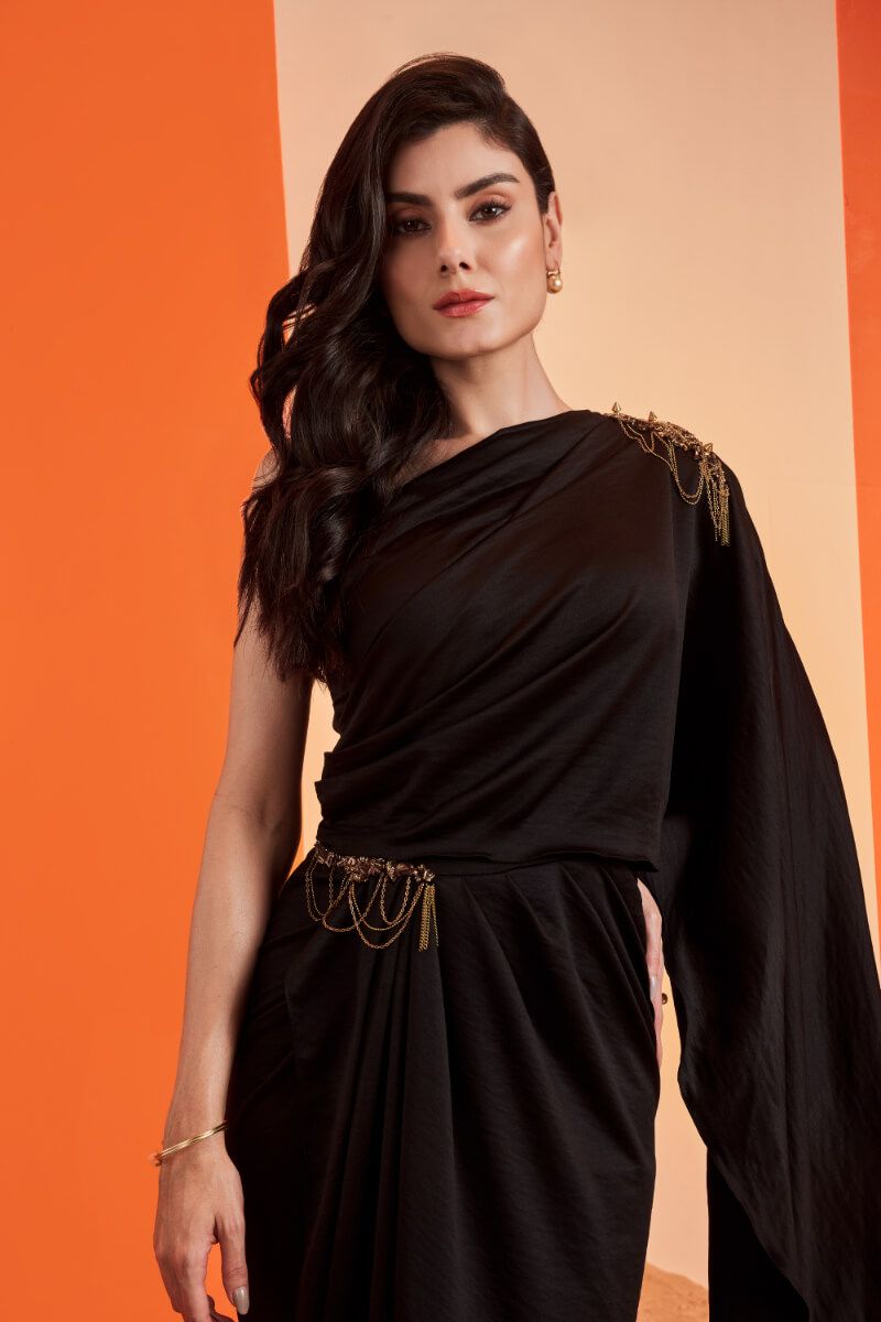 One Shoulder Black Saree Gown