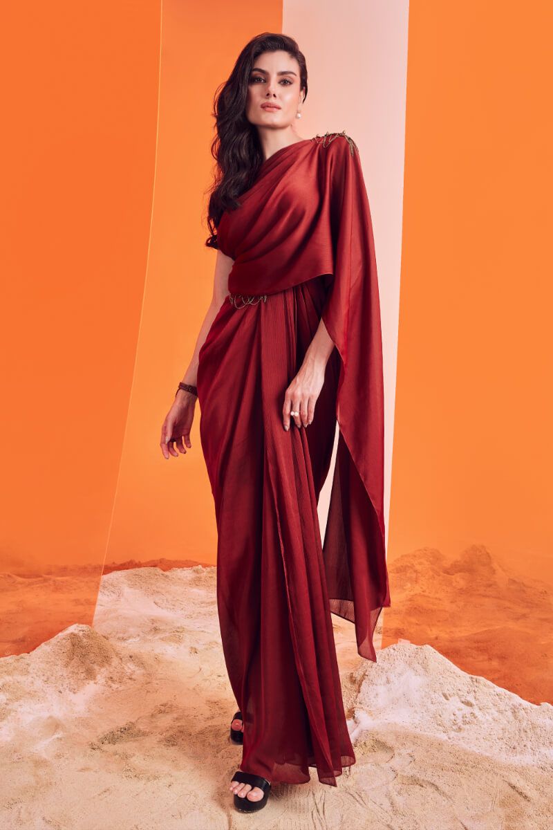 One Shoulder Rust Saree Gown
