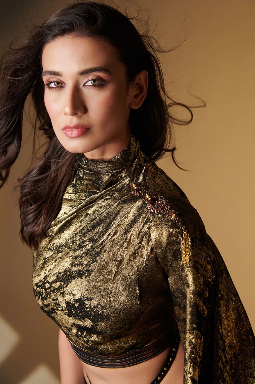 Draped Sleeve Gold Foil Crop Top