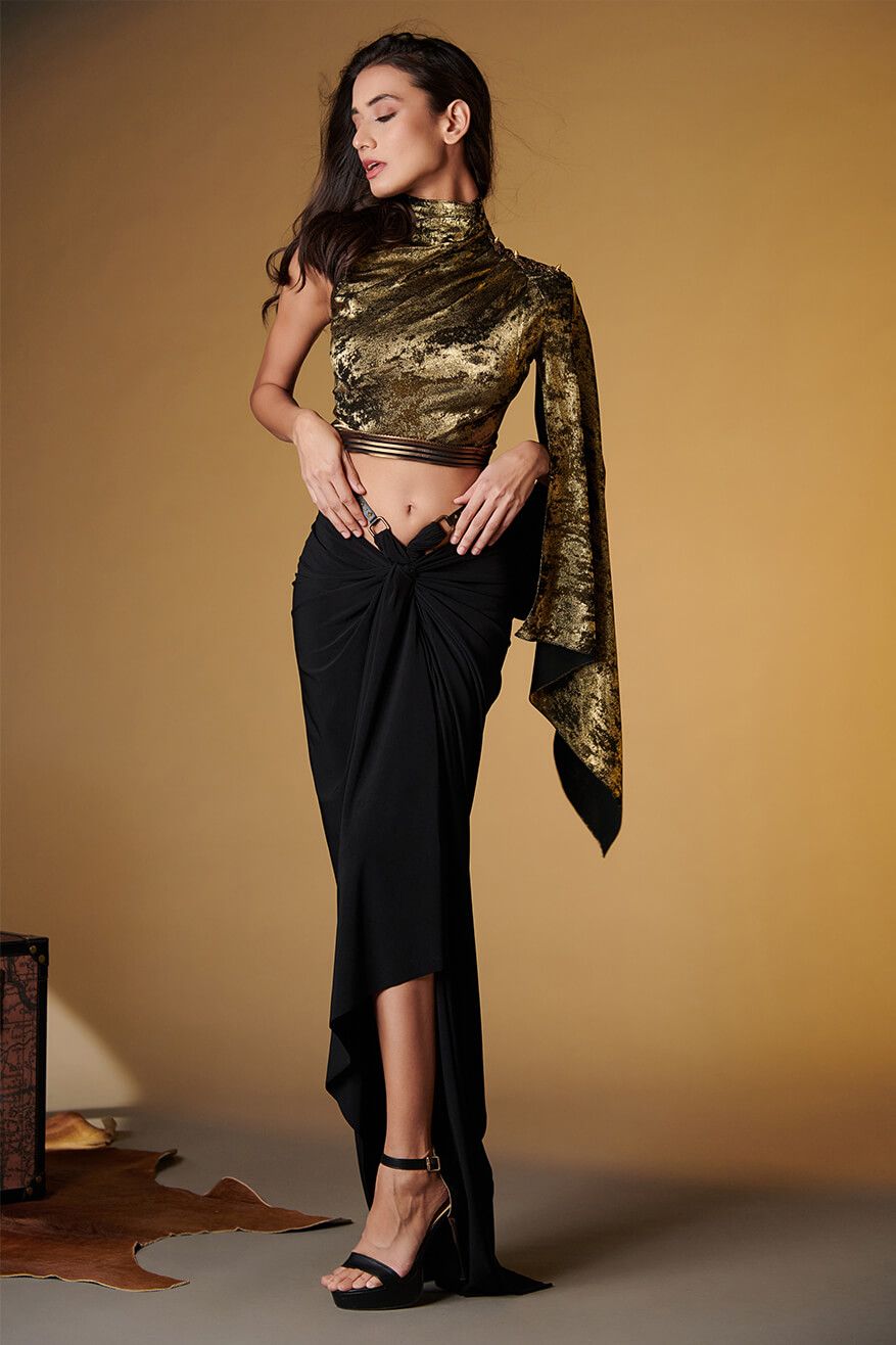 Draped Sleeve Gold Foil Crop Top