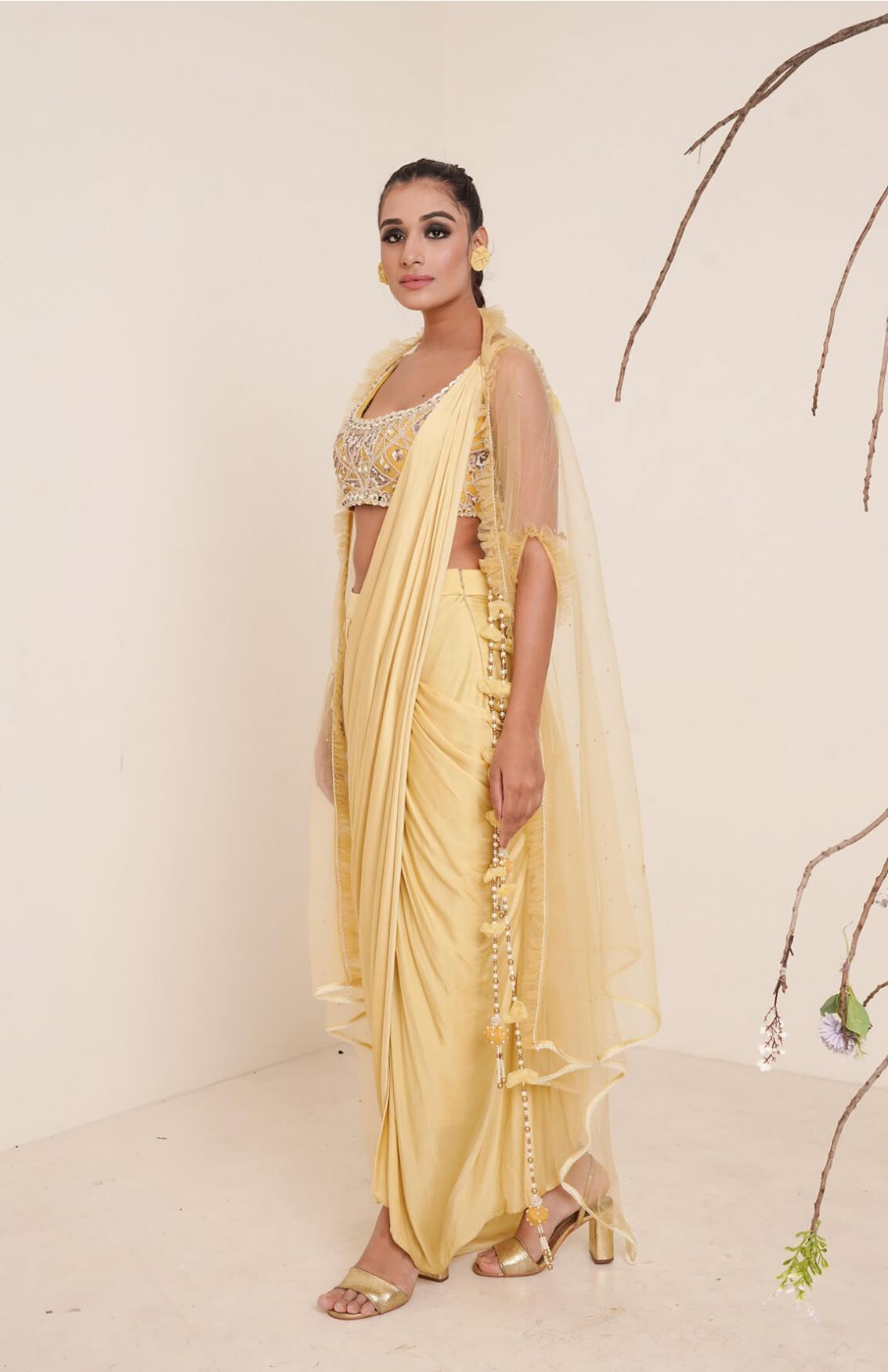 Yellow Pre-drape Saree With Shrug