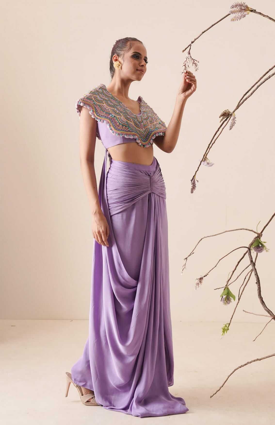 Lavender Saree With Structured Blouse And Detachable Belt