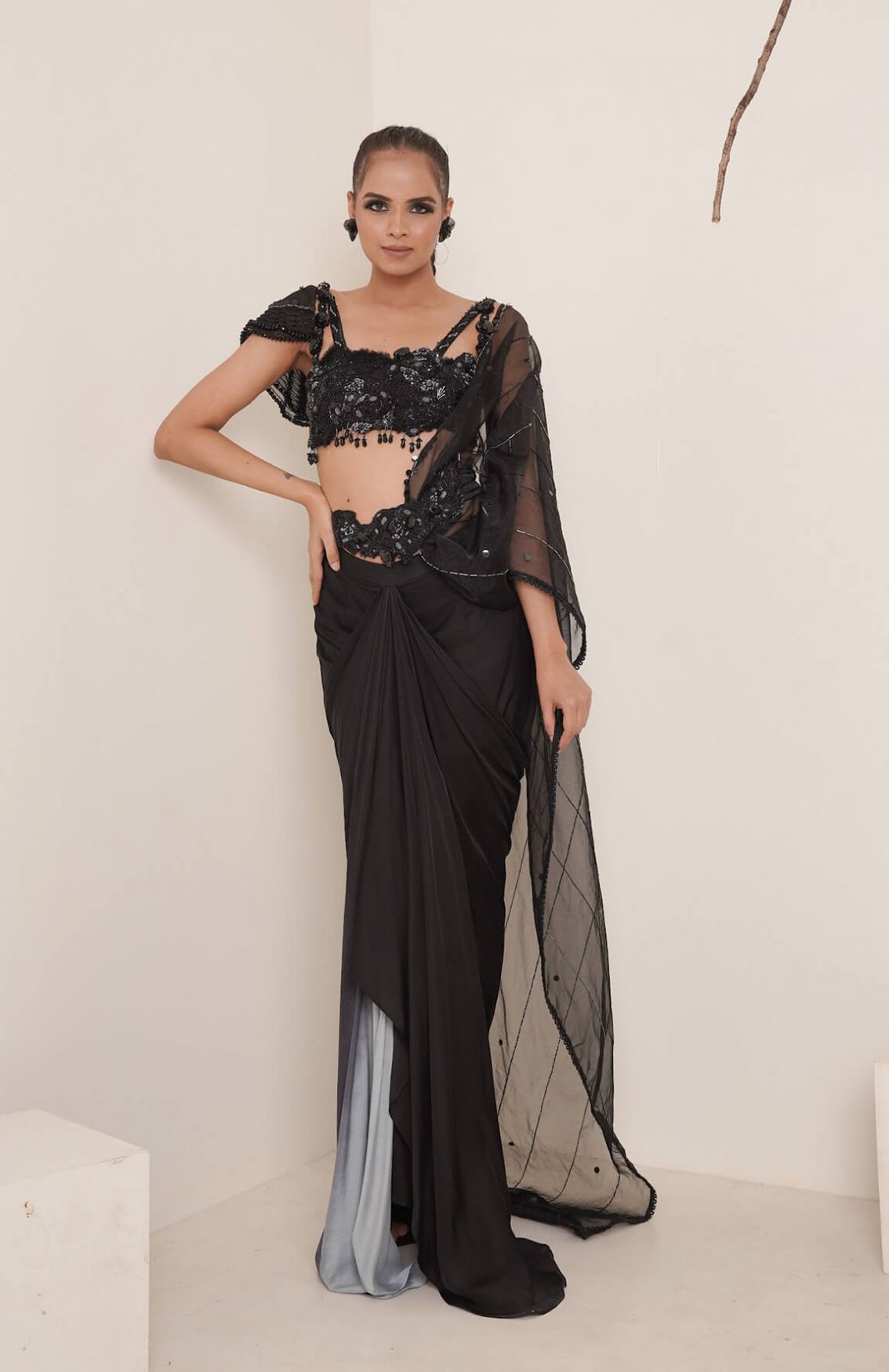 Black Pre-drape Saree Set