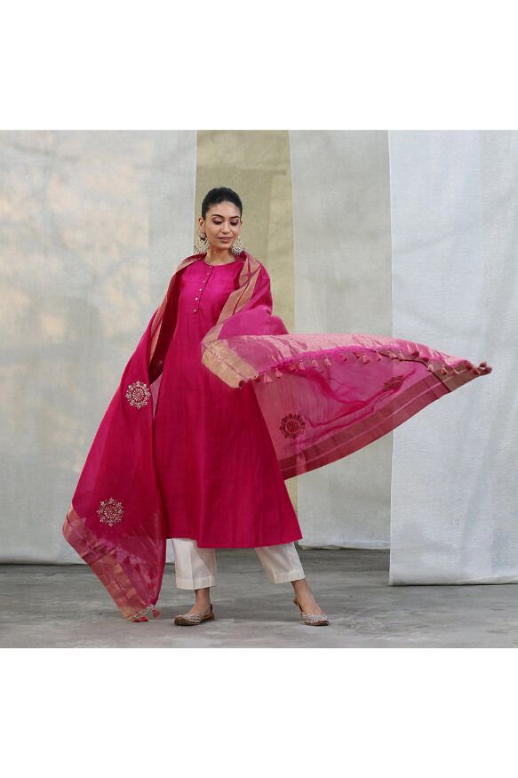 Handloom Hot Pink Chanderi Kurta with White Pants and Embroidered Dupatta
