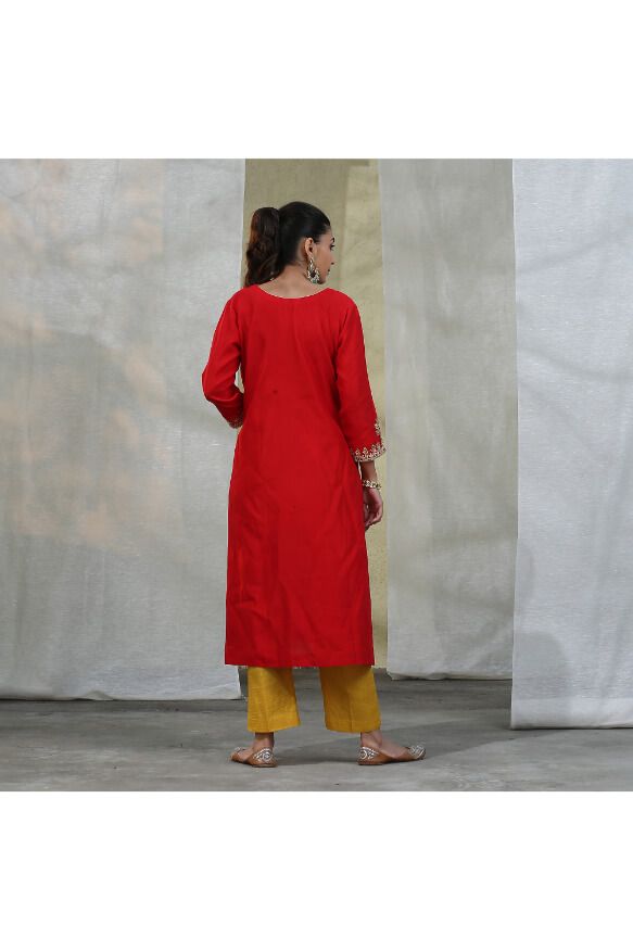Handloom Red Chanderi Silk Kurta With Pants Suit Set With Dupatta
