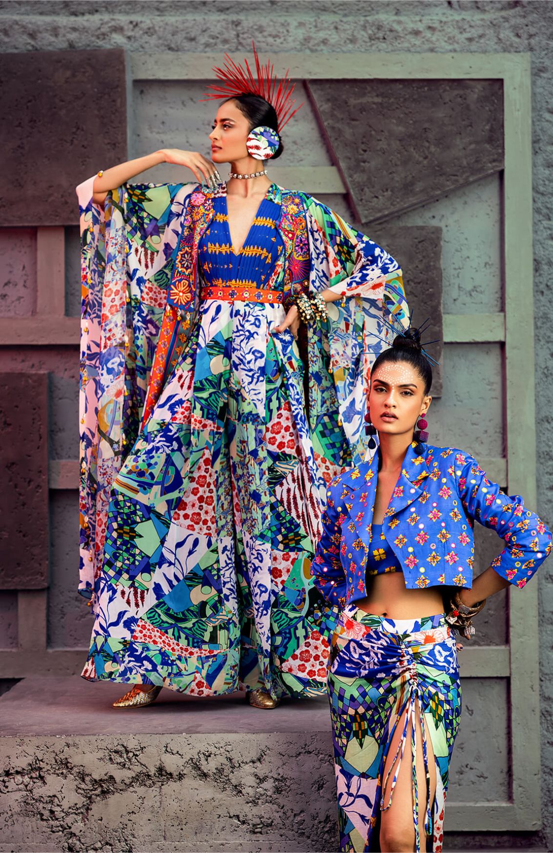 Blue Butta & Aztec Print Crop Jacket & Skirt