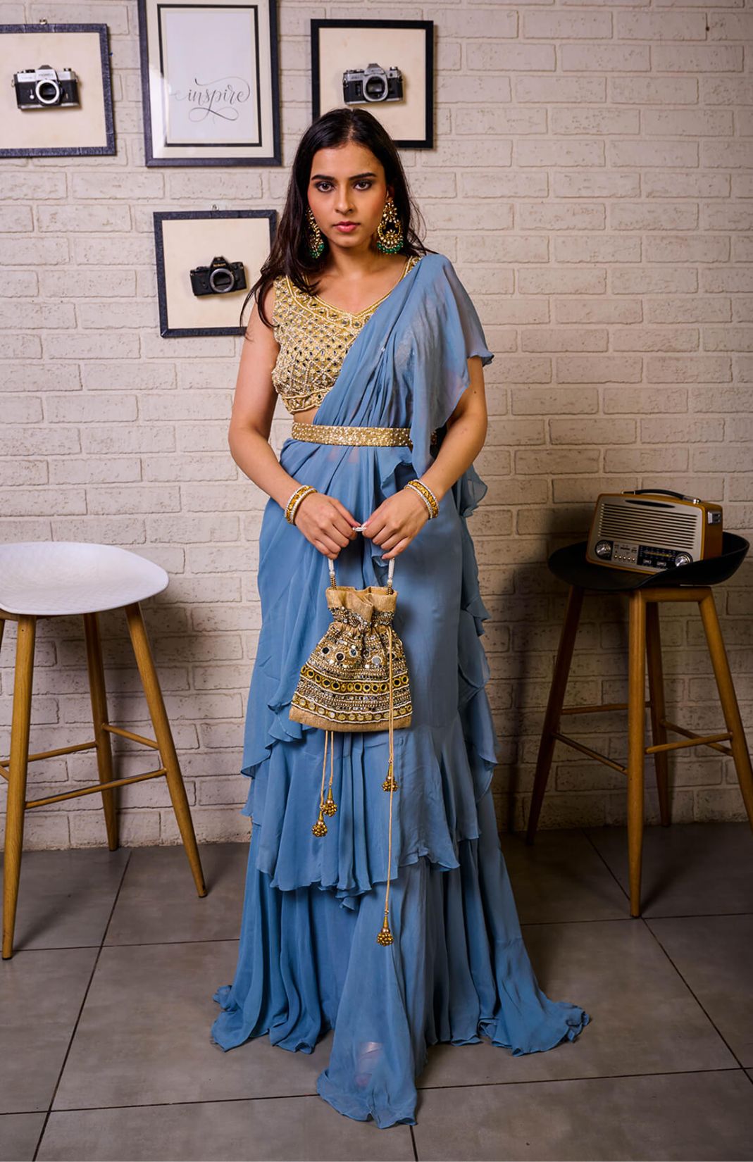 Steel Blue Draped Ruffle Saree With Mirror Bustier