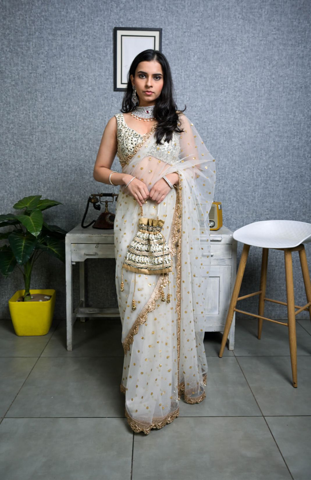 Ivory Mirror Work Blouse and Net  Saree