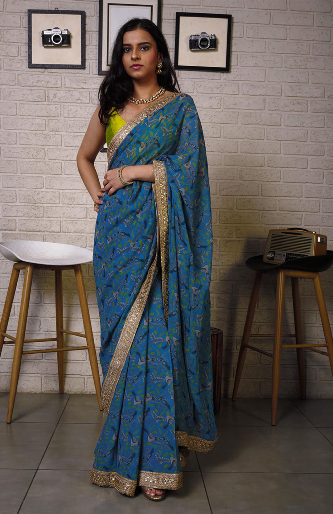 Blue Printed Saree With Olive Bustier