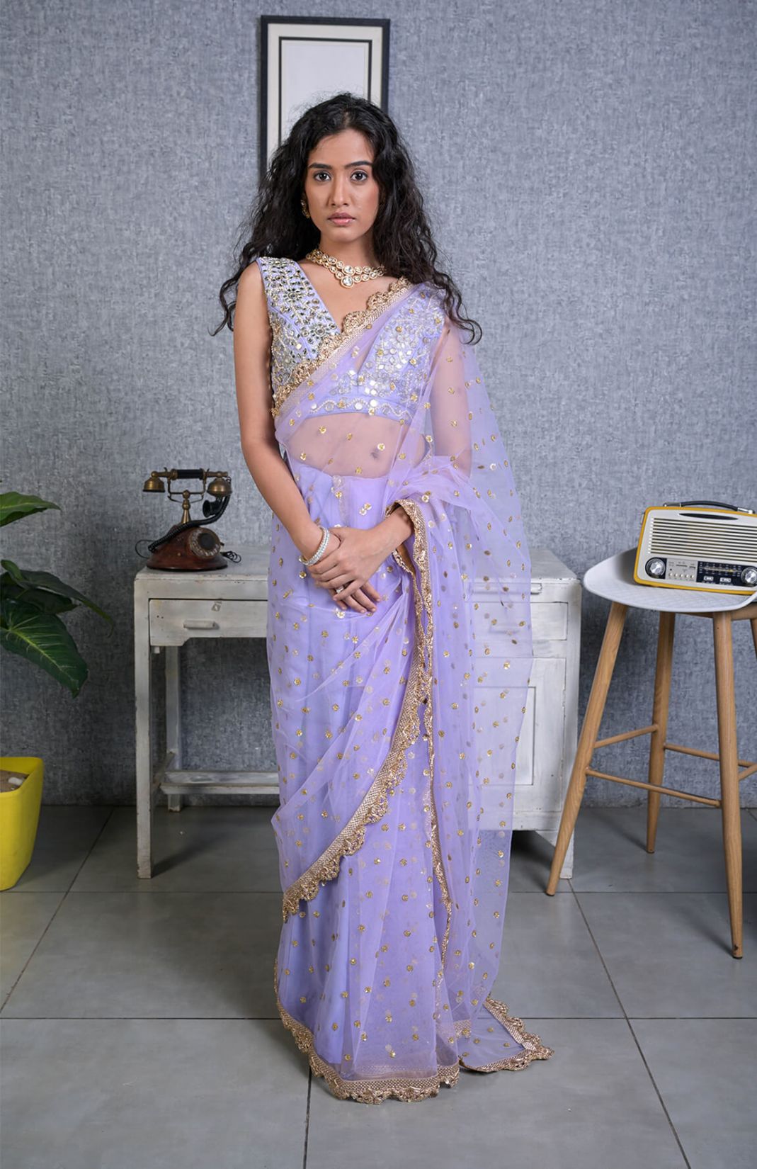 Lavender Mirror Work Blouse And Net Saree