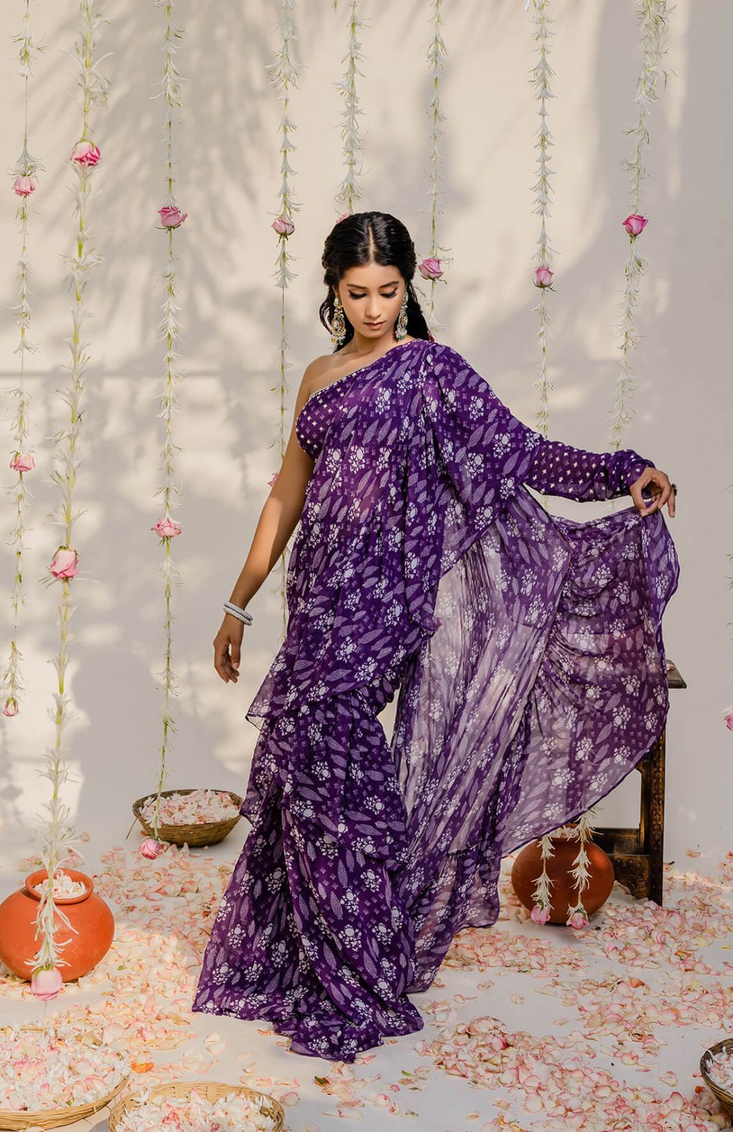 Purple Printed Embroidered Saree Set