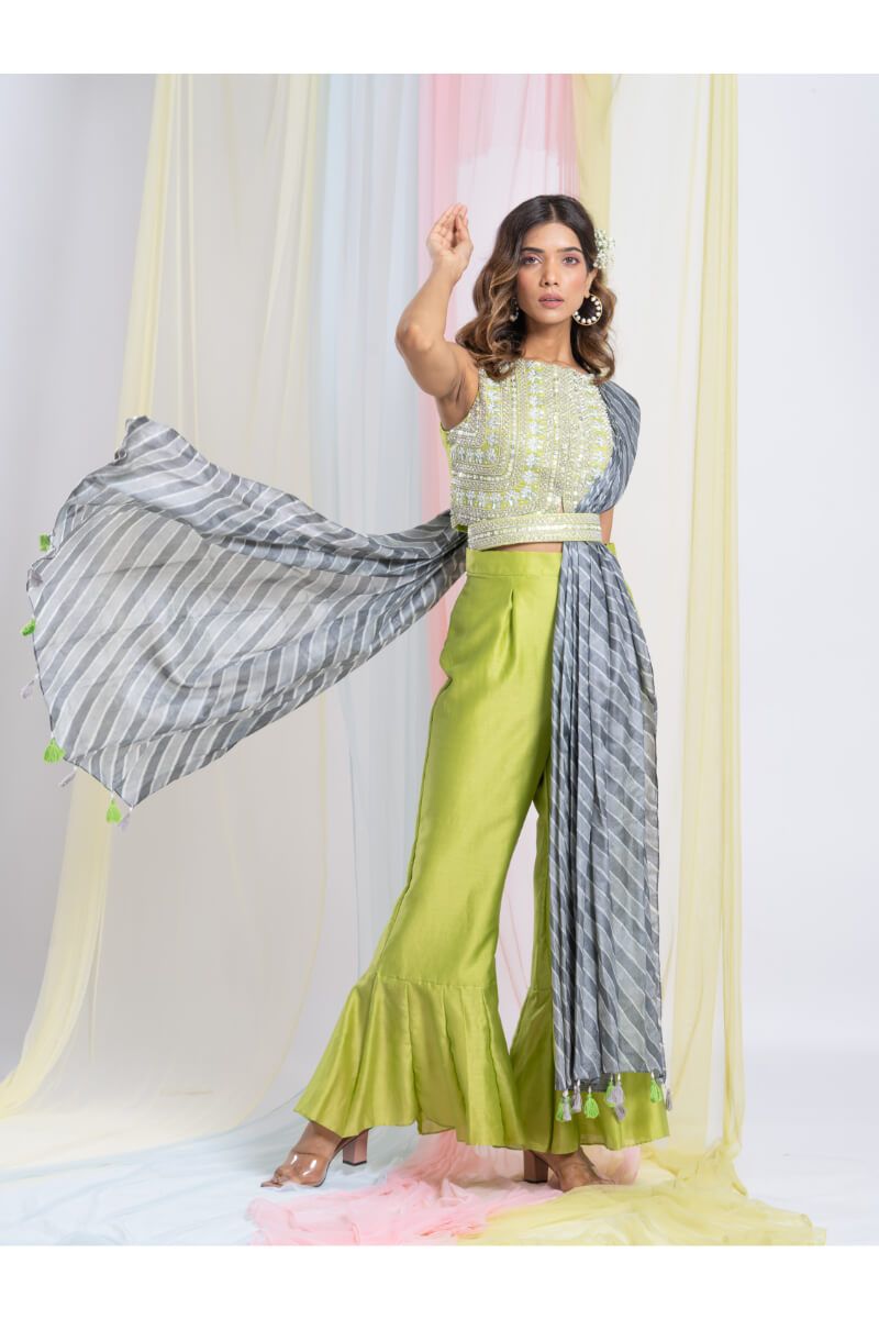 Lime Green Blouse And Sharara With Grey Leheria Dupatta And Belt