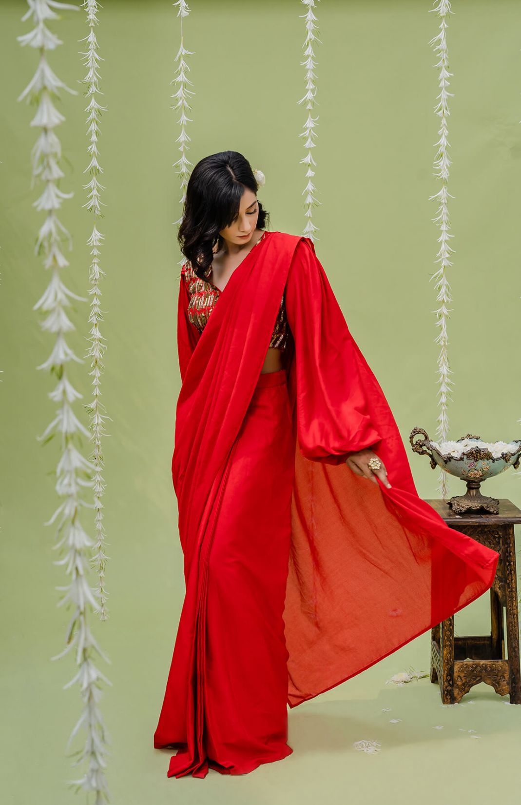 Red Embroidered Drape Saree