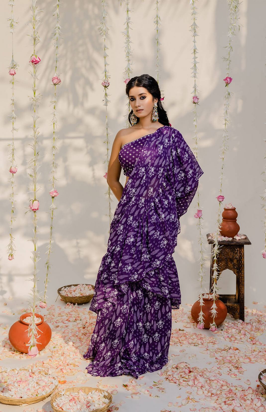 Purple Printed Embroidered Saree Set