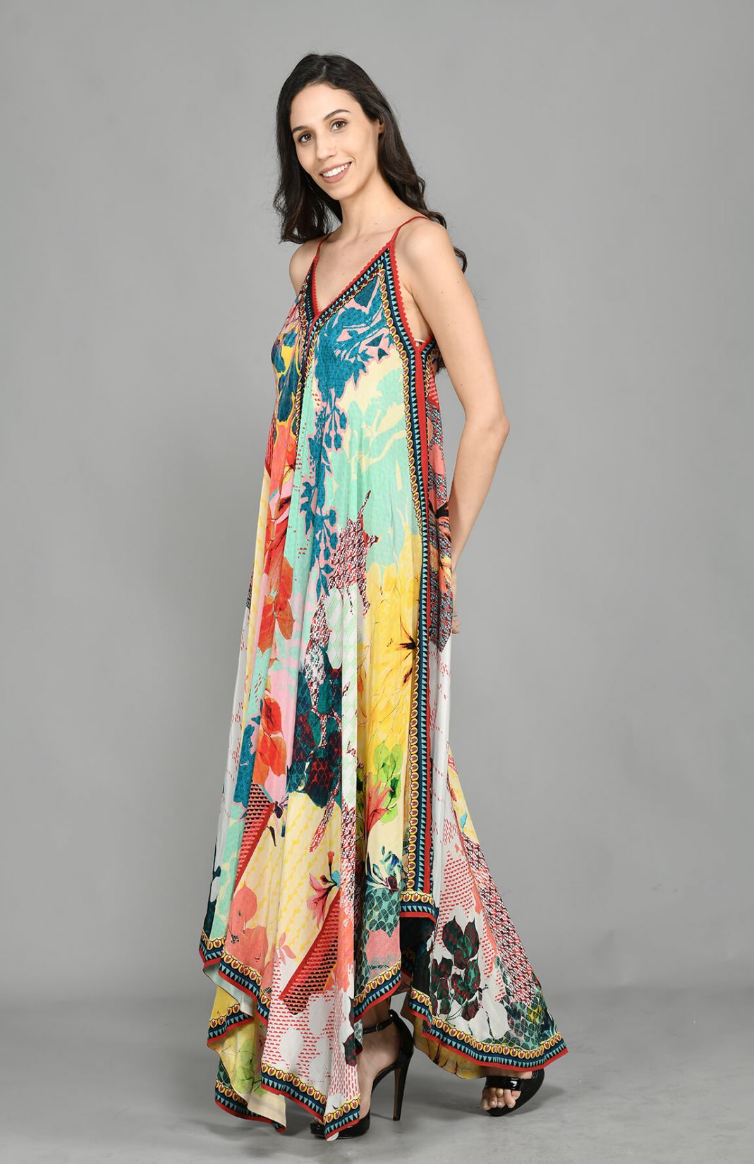 Abstract Colour Block Handkerchief Maxi Dress