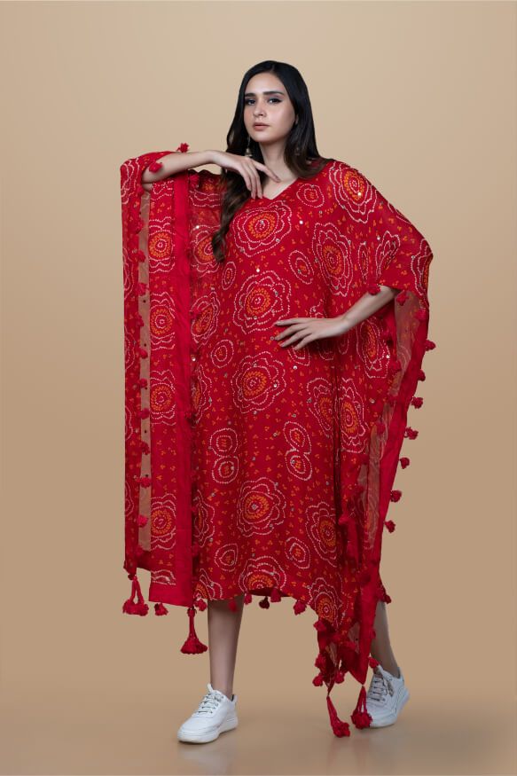 Bandhni Kaftan With Delicate Embroidery 