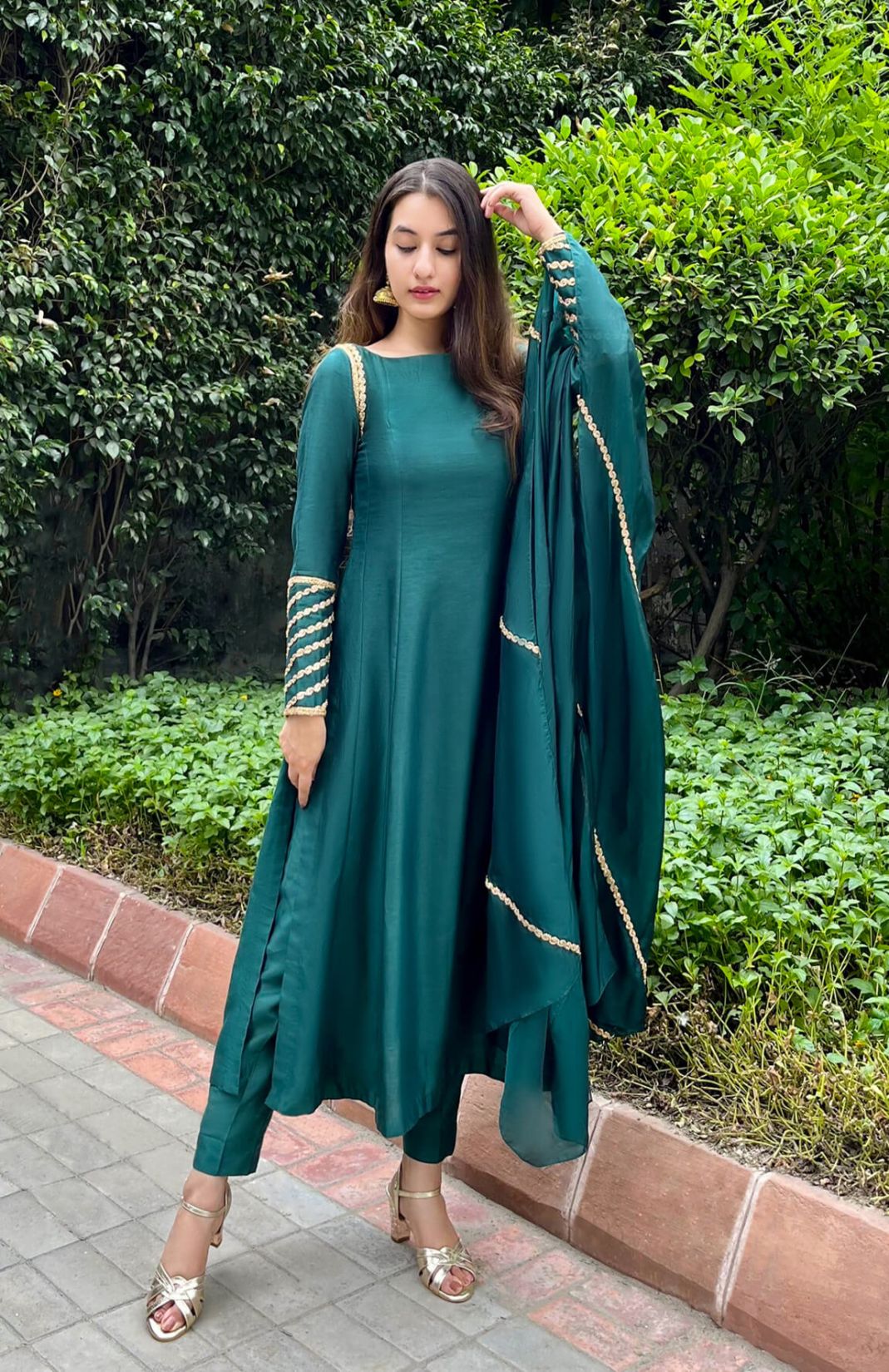 Emerald Green Chanderi Lace Embroidered Suit Set