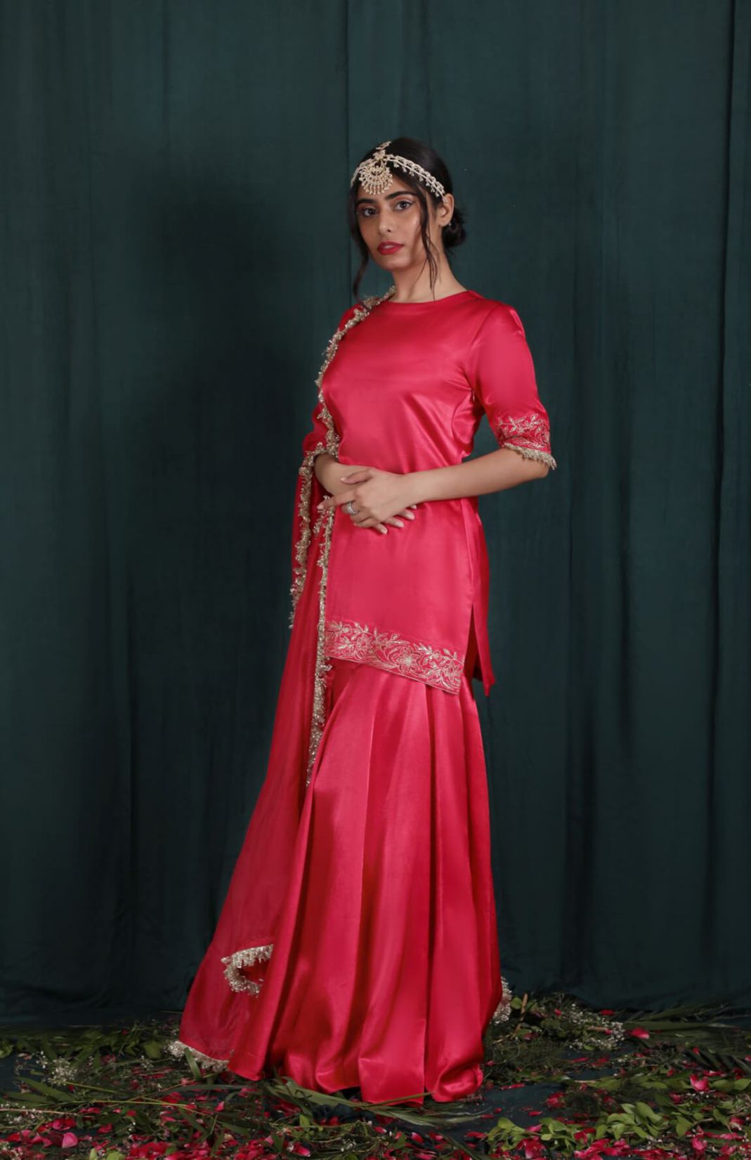 Blush Red Embroidered Gharara Set