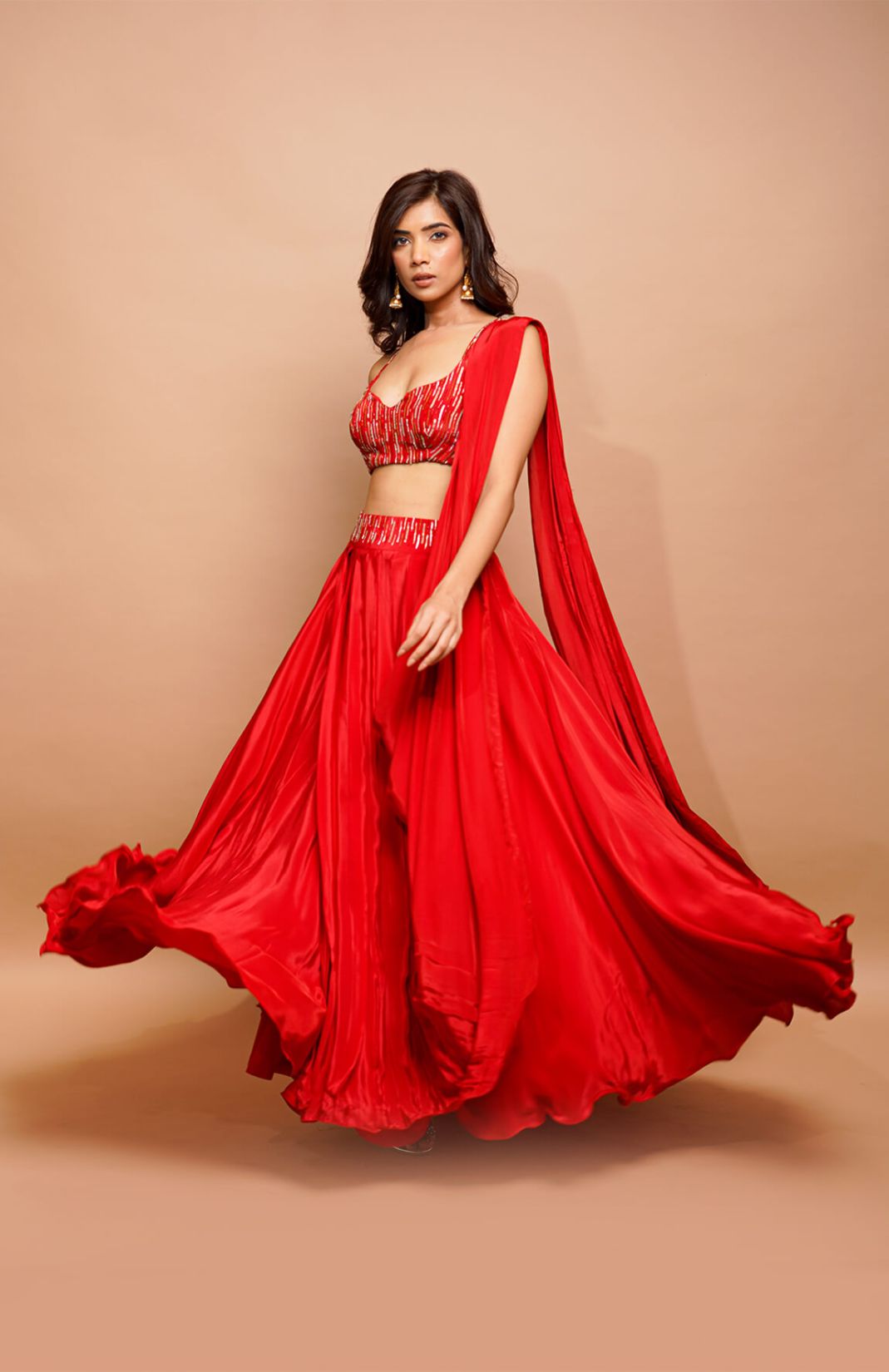 Red Embroidery Sequins Sweetheart Blouse With Lehenga