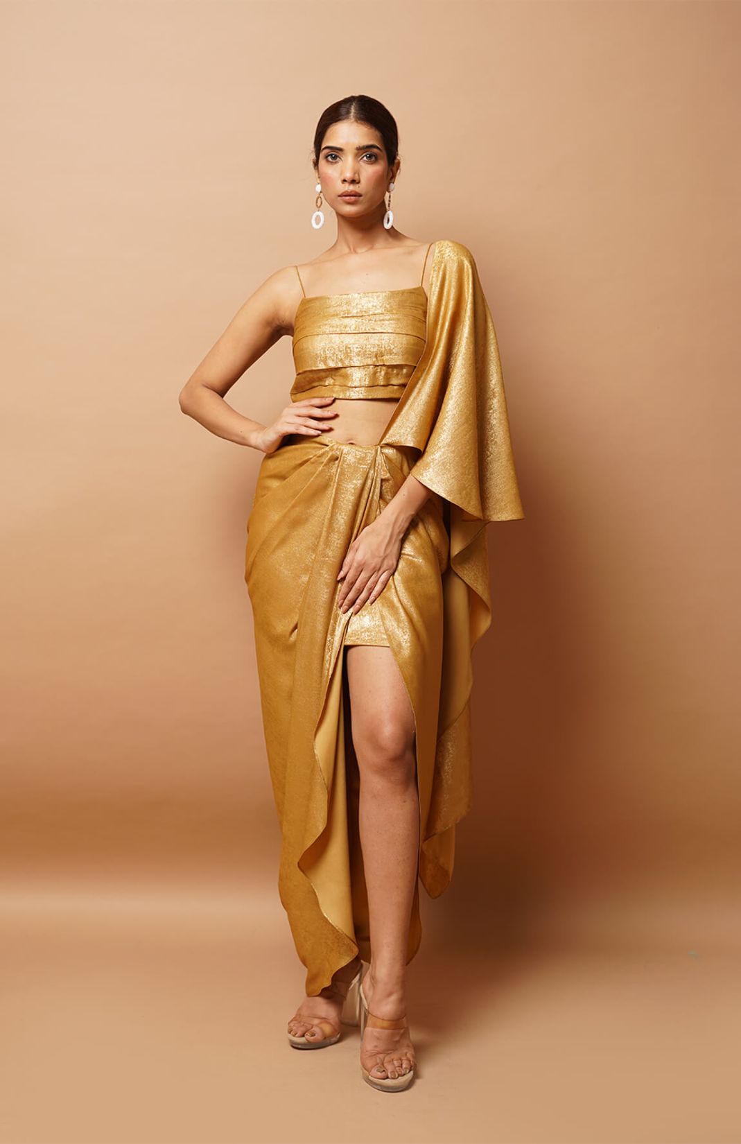 Gold Shimmer Lycra Solid Square Neck Front Pleated Bustier & Skirt Set