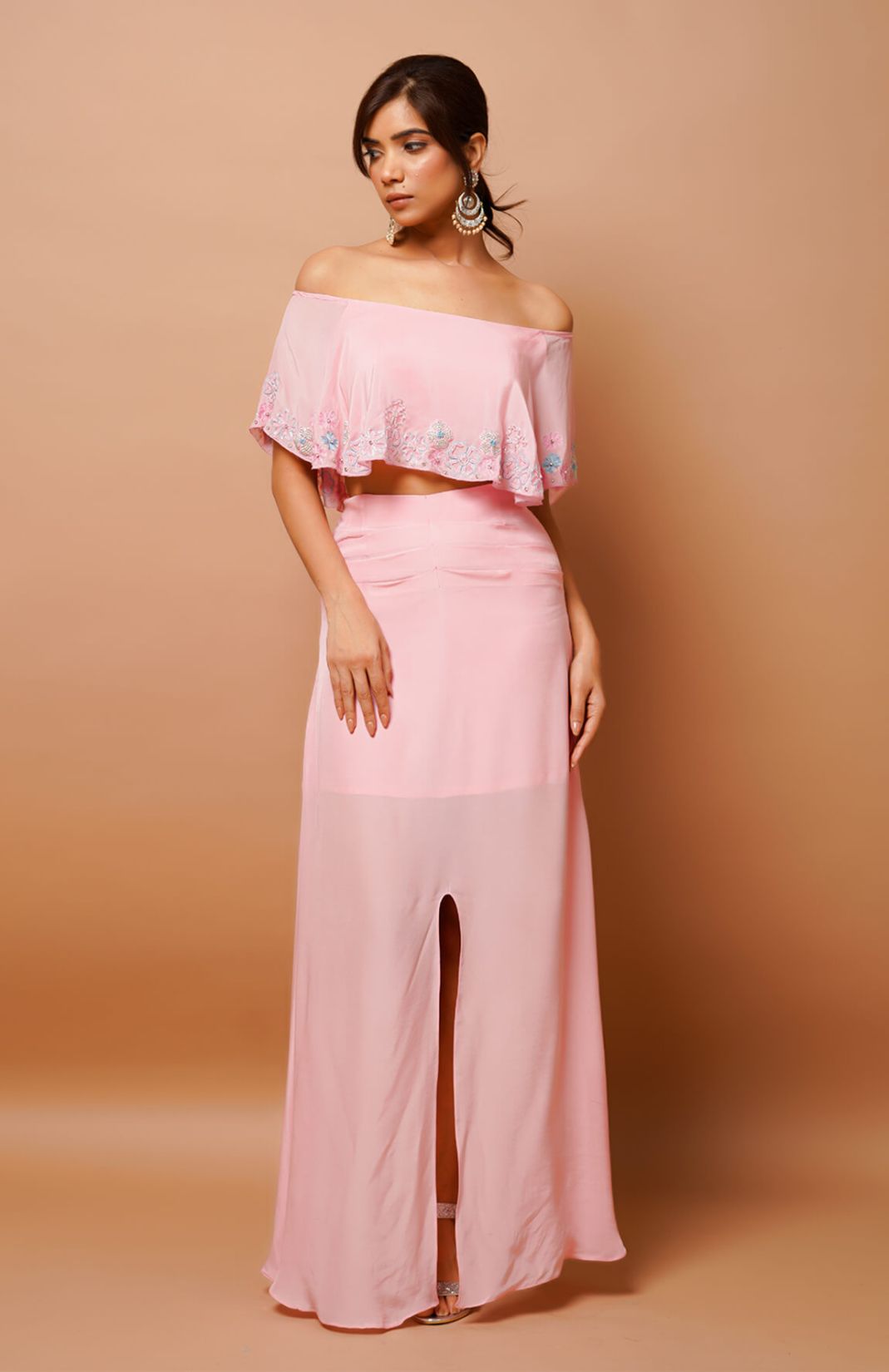 Pink Heavy Crepe Zari Embroidery Off Top & Draped Skirt Set