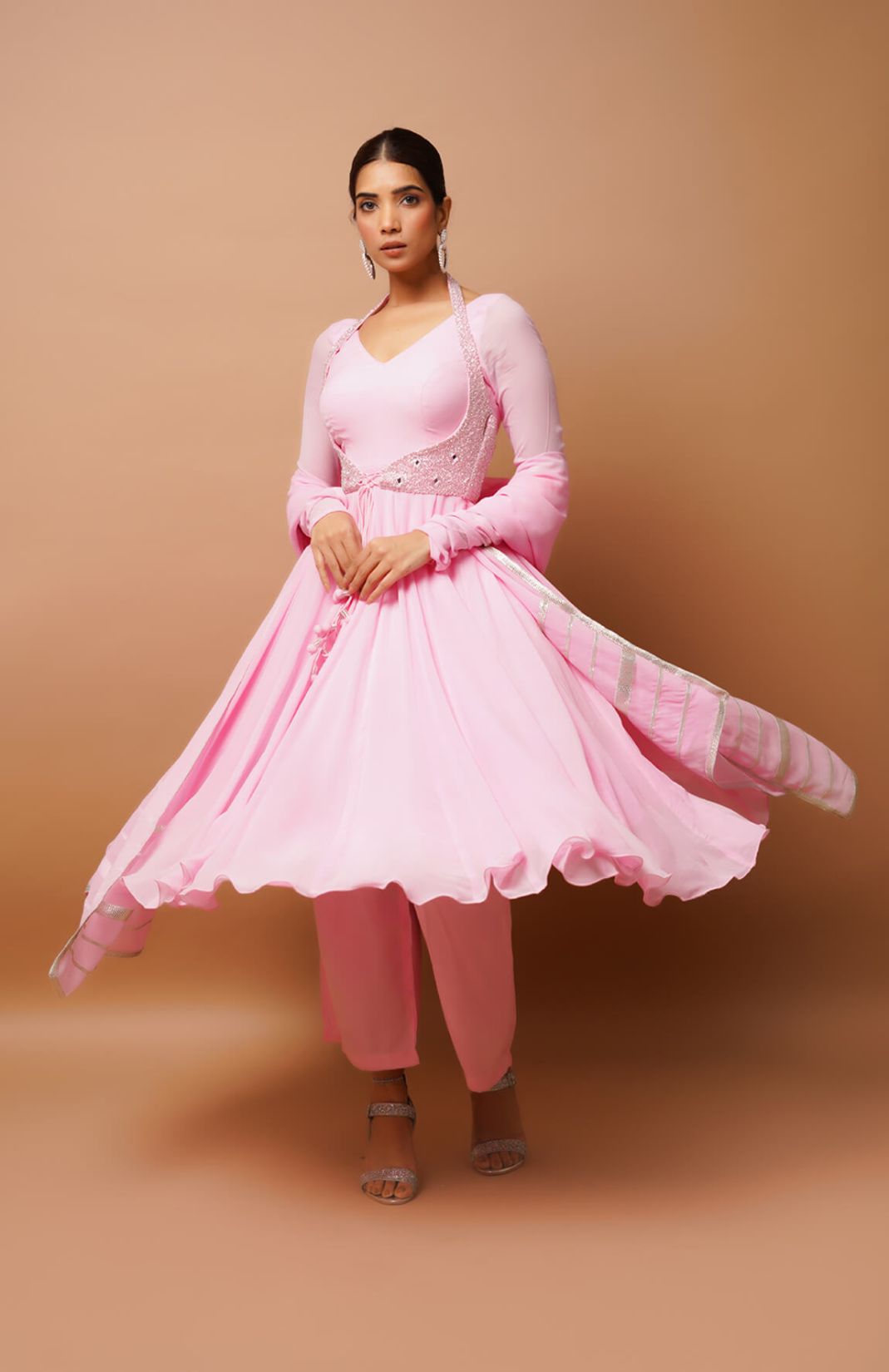 Pink Heavy Georgette Zardosi Embroidered Anarkali V Neck Set
