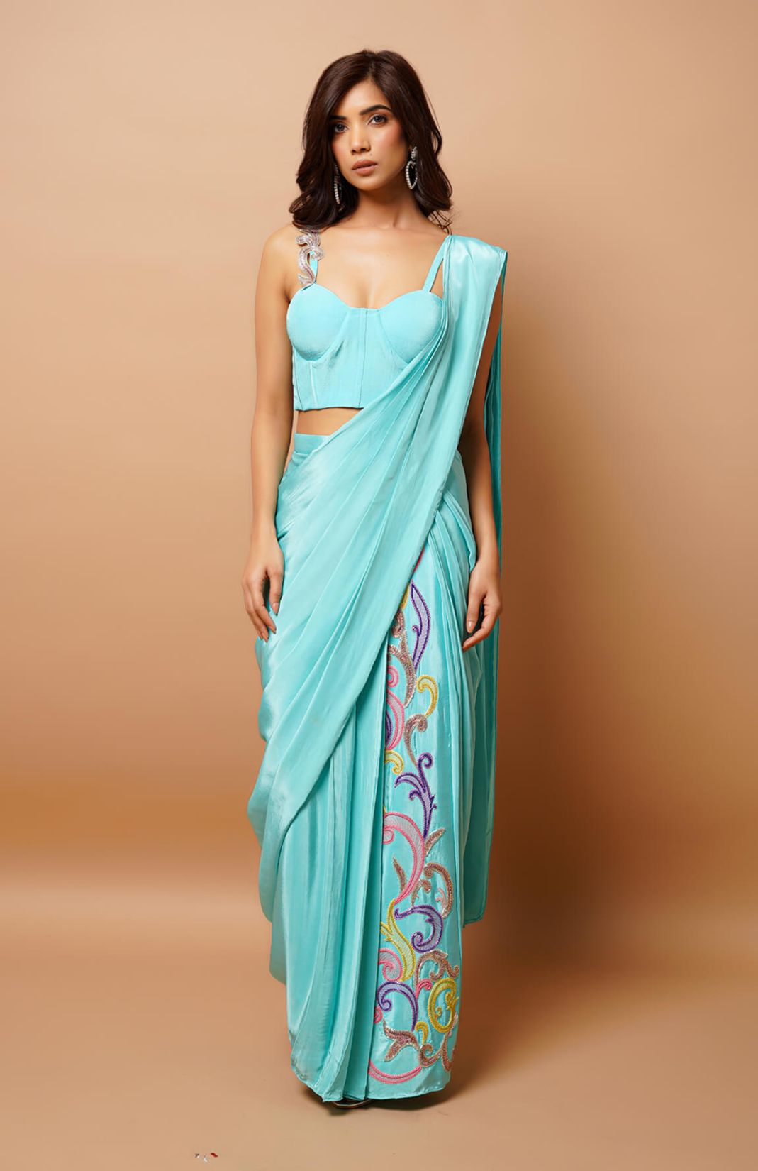 Blue Natural Crepe Embroidery Pre-draped Kali Saree With Bustier 