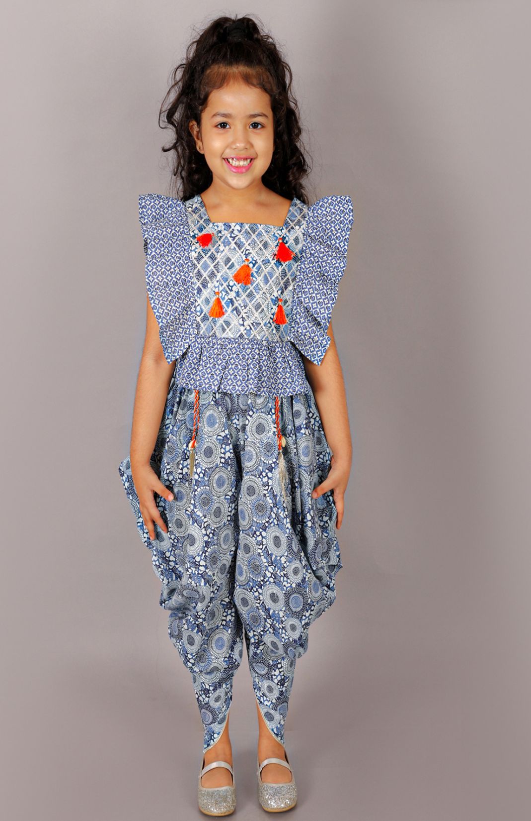Folklore Girls Blue Crop Top With Dhoti