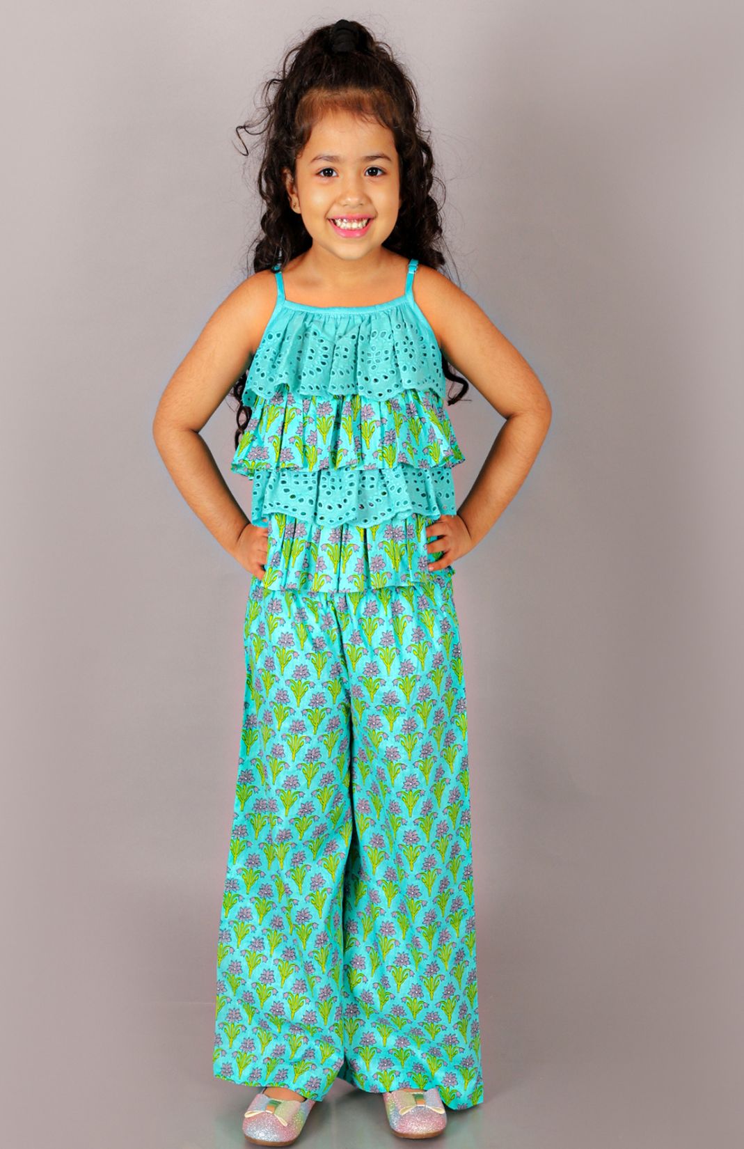 Folklore Girls Green Crop Top With Pants