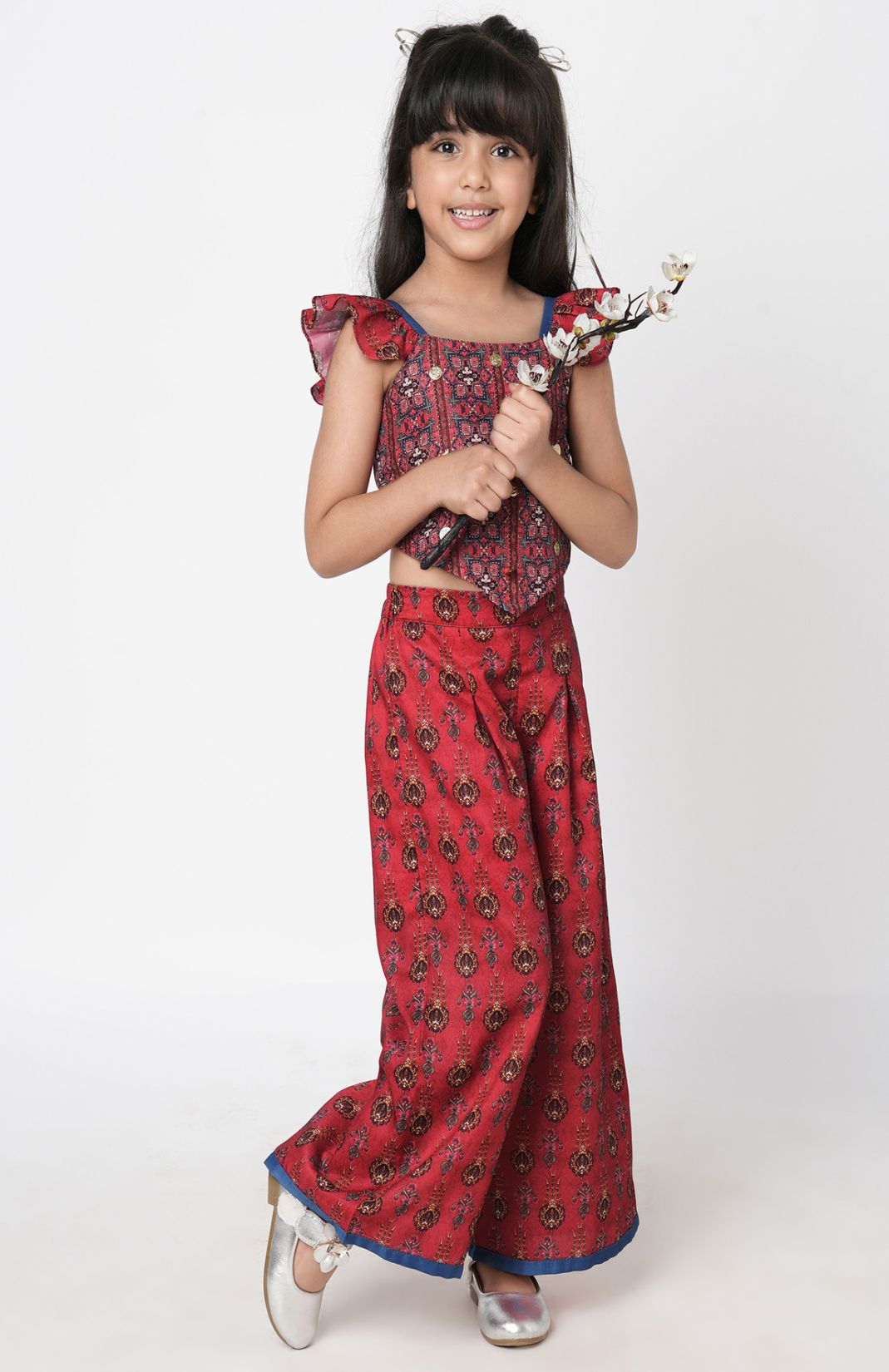 Ethnic Twist Girls Red Print Box Pleat Pant With Top 