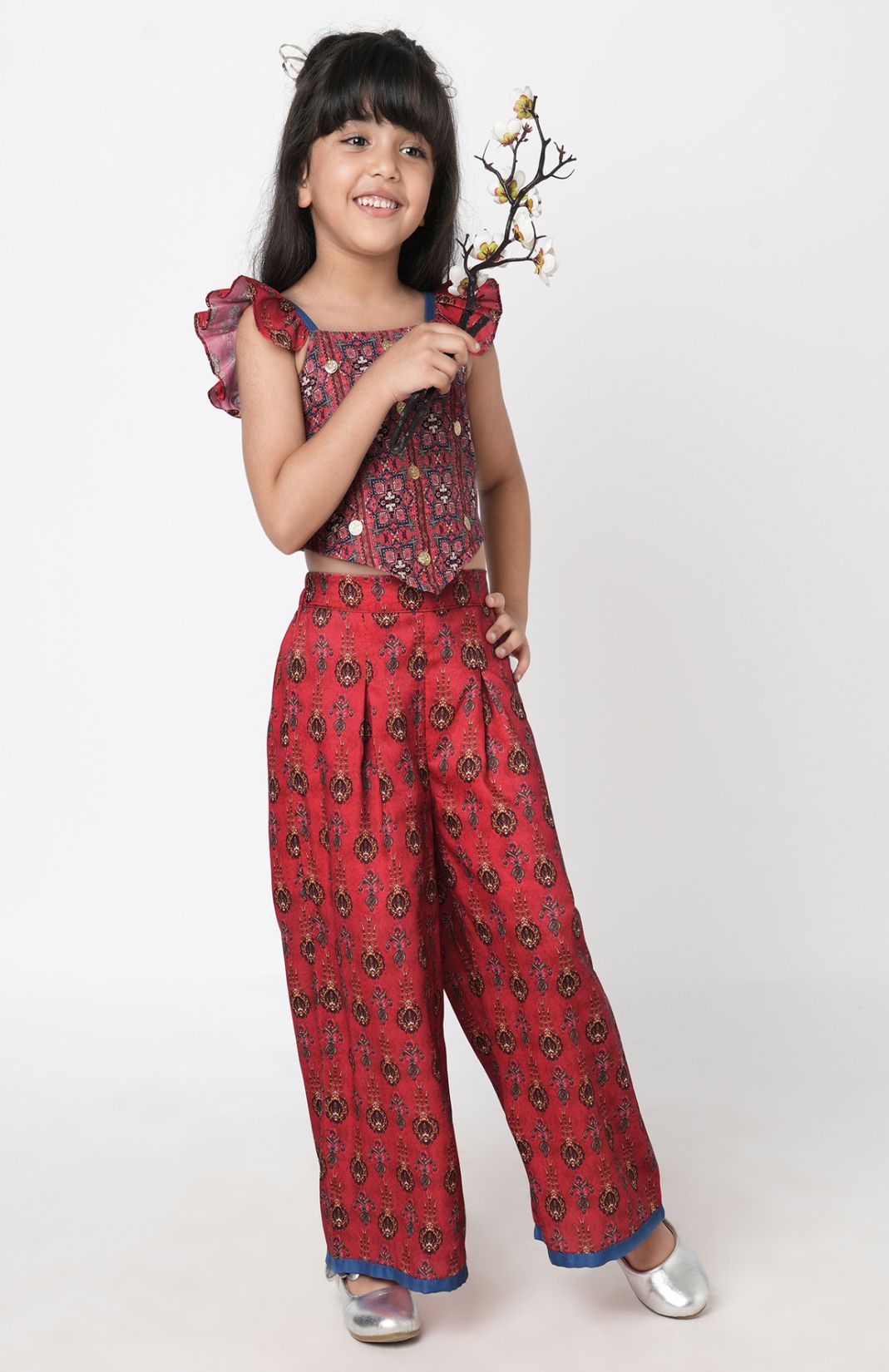 Ethnic Twist Girls Red Print Box Pleat Pant With Top 
