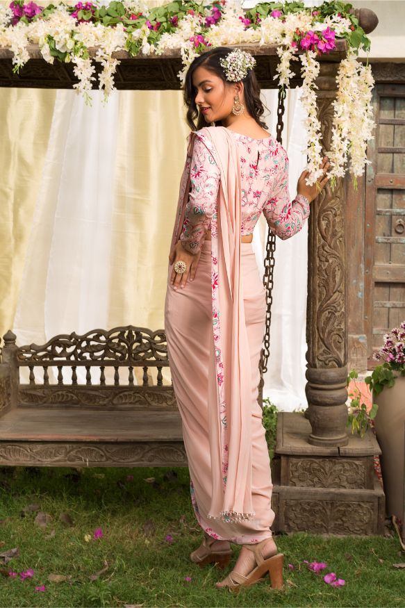 Nude Pink Floral Printed Blouse With Pant Saree