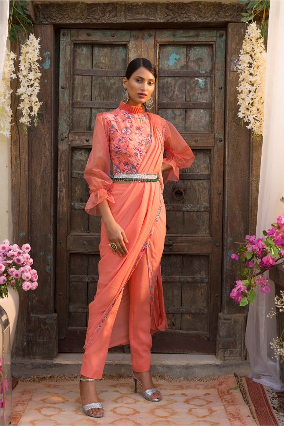 Coral Printed Blouse With Pant Saree And Belt