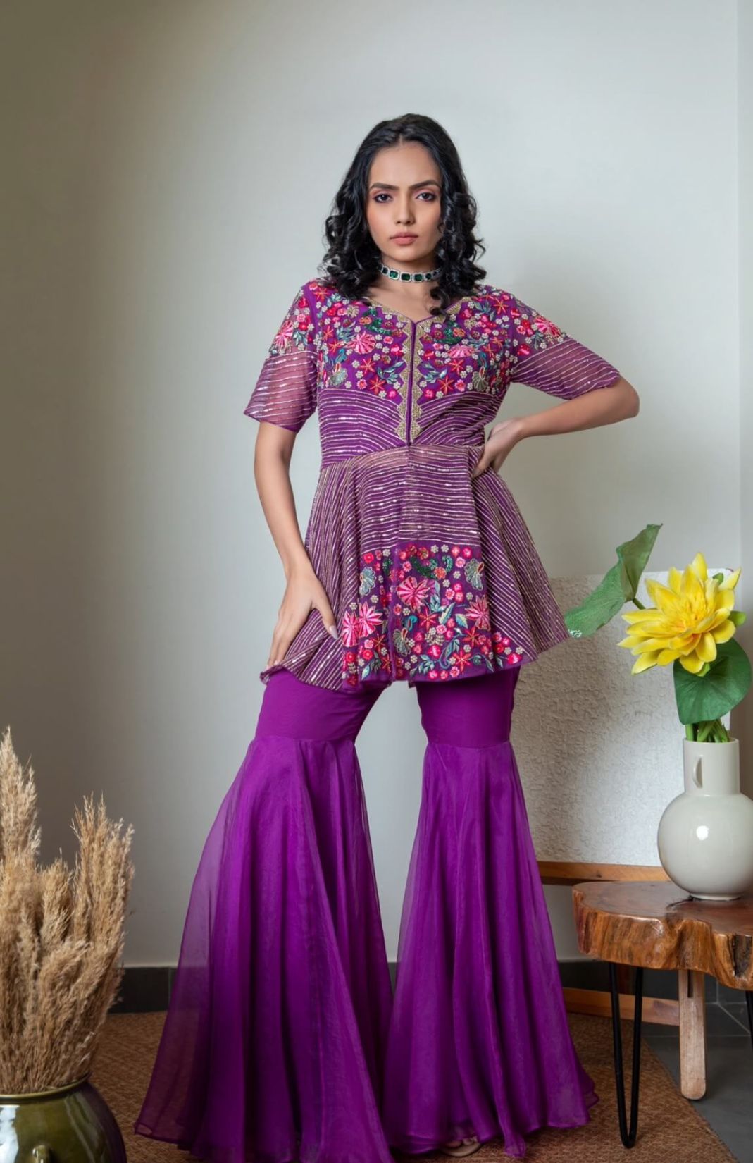  Gharara Pants With Embroidered Peplum Jacket And Net Dupatta 